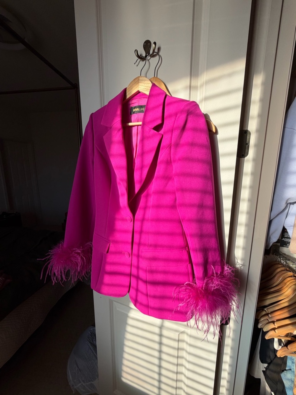Fashion Nova Hot Pink Feather-Cuff Suit Jacket & Trousers - Picture 3 of 4